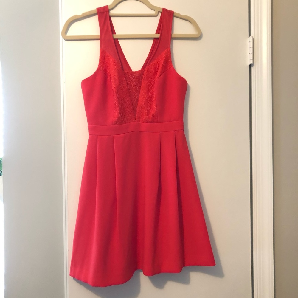 Pink pleated lace skater dress